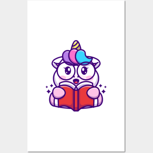 Cute unicorn reading book cartoon Posters and Art